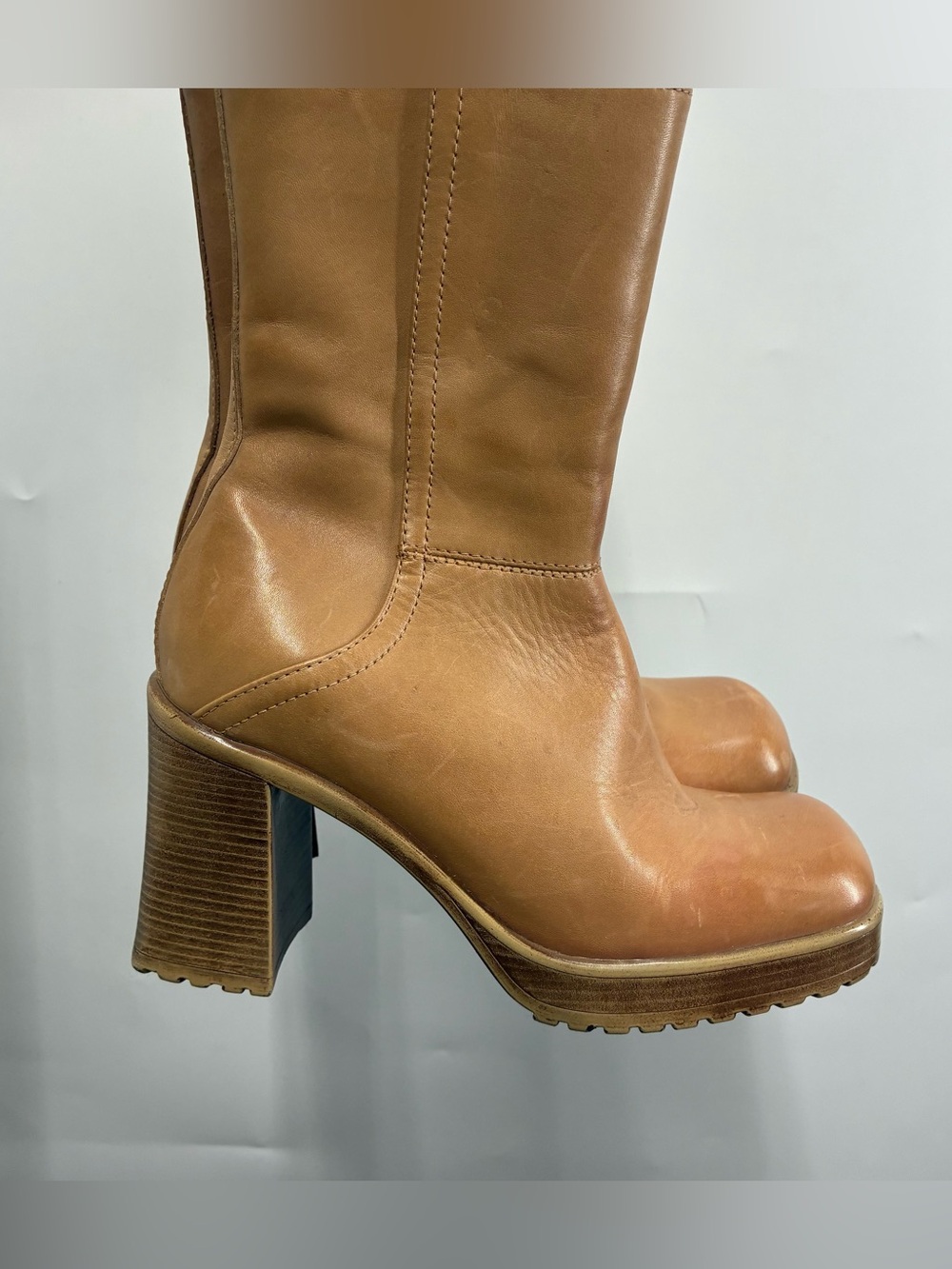 Vintage 90s Steve Madden 6.5 6 1/2 LIZIE Leather Chunky Heel Platform Boots Tan - Picture 12 of 12